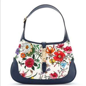 Gucci Jackie Flora Canvas Medium Navy Leather Shoulder Bag Purse